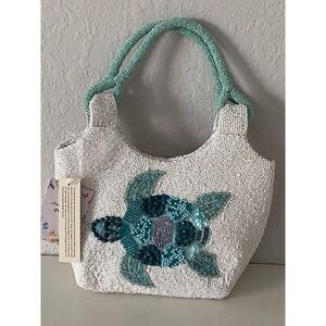 Turtle Beaded Satchel Hand Bag by India White Blues Viral Summer Purse NEW